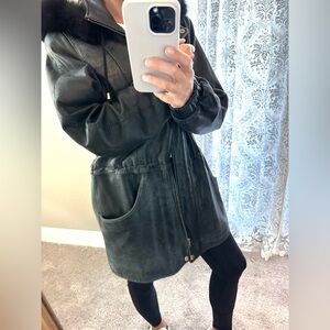 WORTHINGTON WOMENS GENUINE LAMBSKIN BLACK LEATHER LONG JACKET W FOX TRIM HOODIE